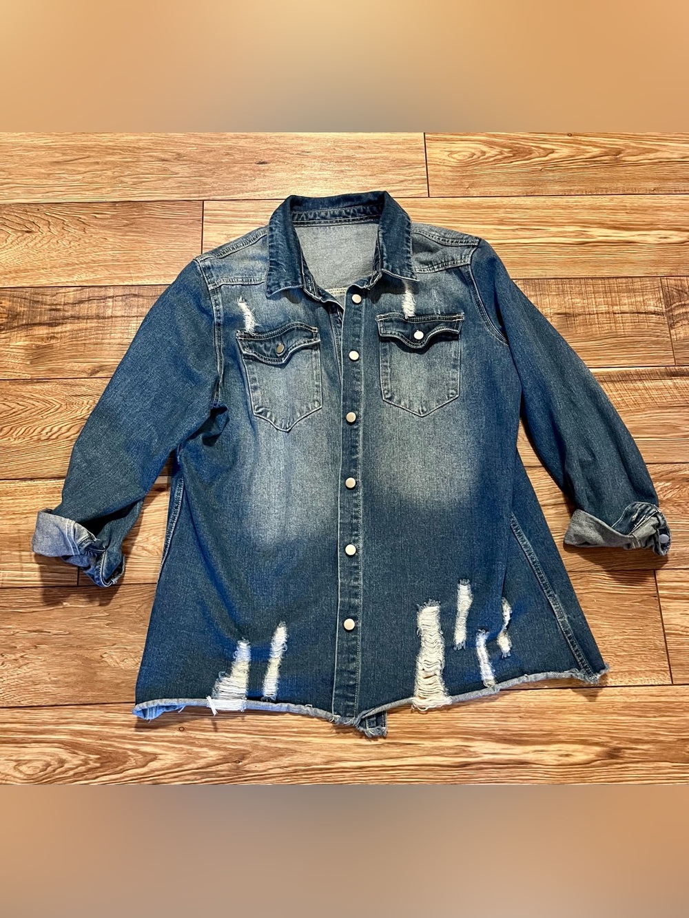 Women's Distressed Dark Blue Denim Shirt Jacket - Snap Front
